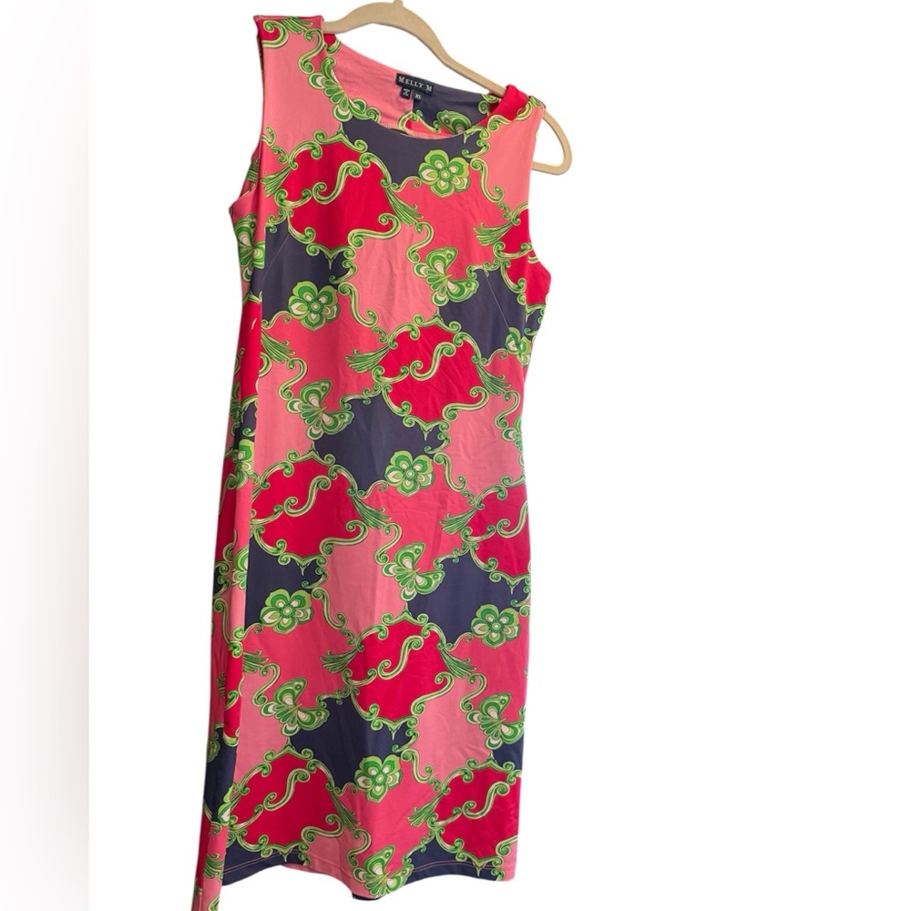 A red, blue, pink and green dress.